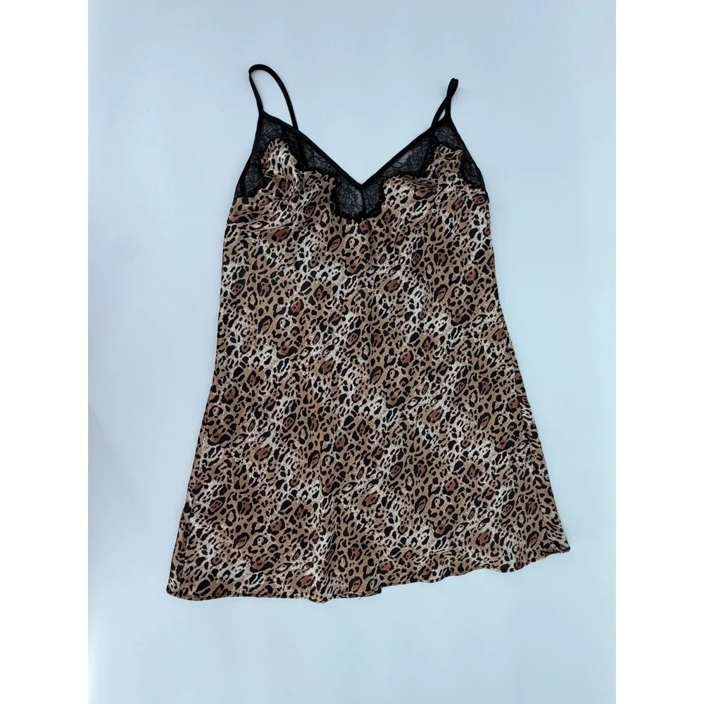 Victoria's Secret Leopard Print Satin Lace Trim Slip Dress Chemise Medium